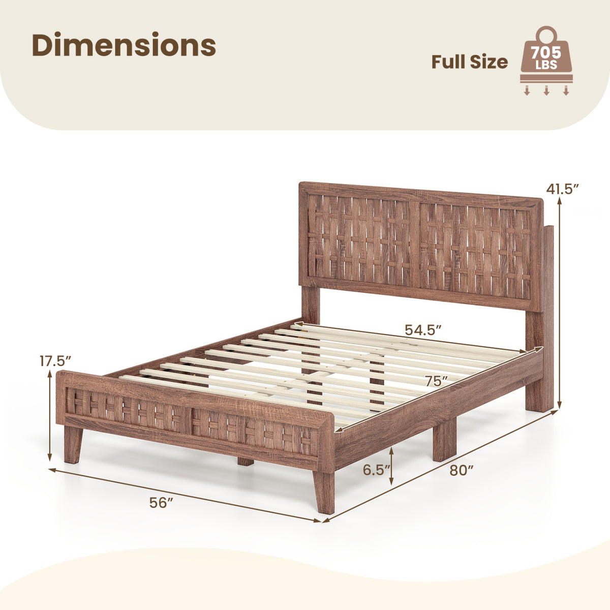 Twin/Full Size Bed Frame Mid Century with Woven Accent Headboard