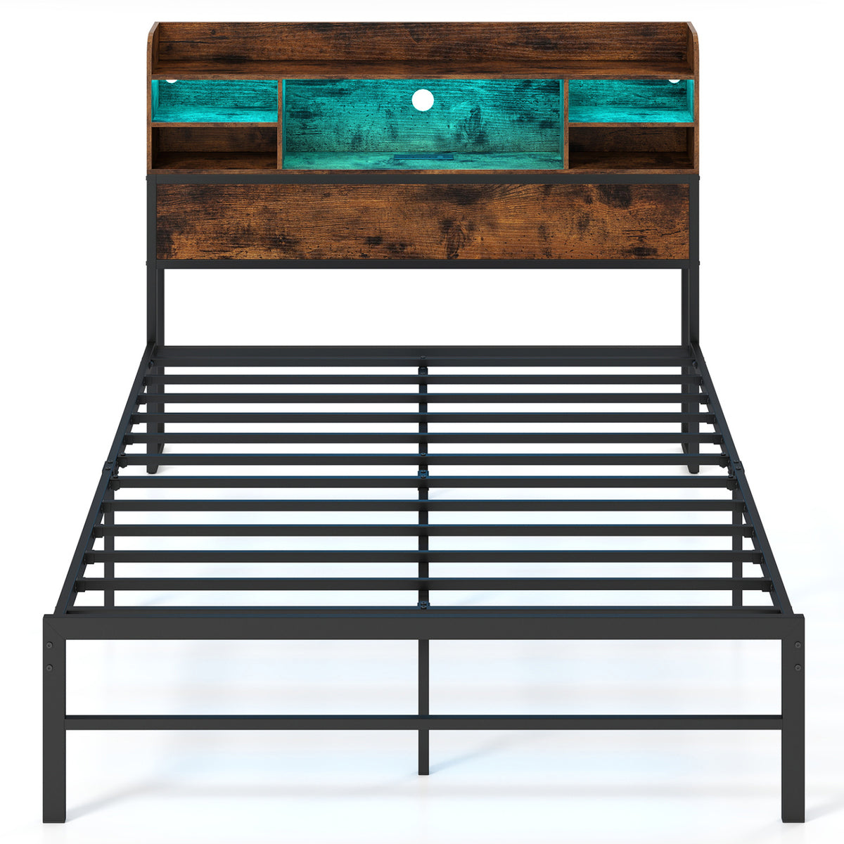 Full Size Bed Frame with Headboard LED Lights and Charging Station-Rustic Brown