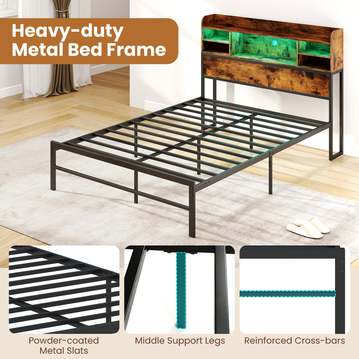Full Size Bed Frame with Headboard LED Lights and Charging Station-Rustic Brown