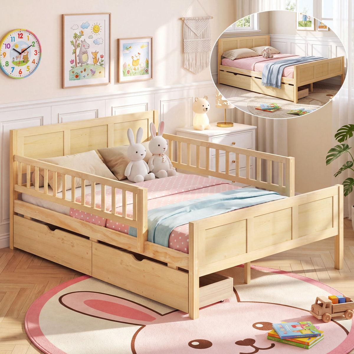 Full/Twin Size Bed Frame with Storage Drawers Natural