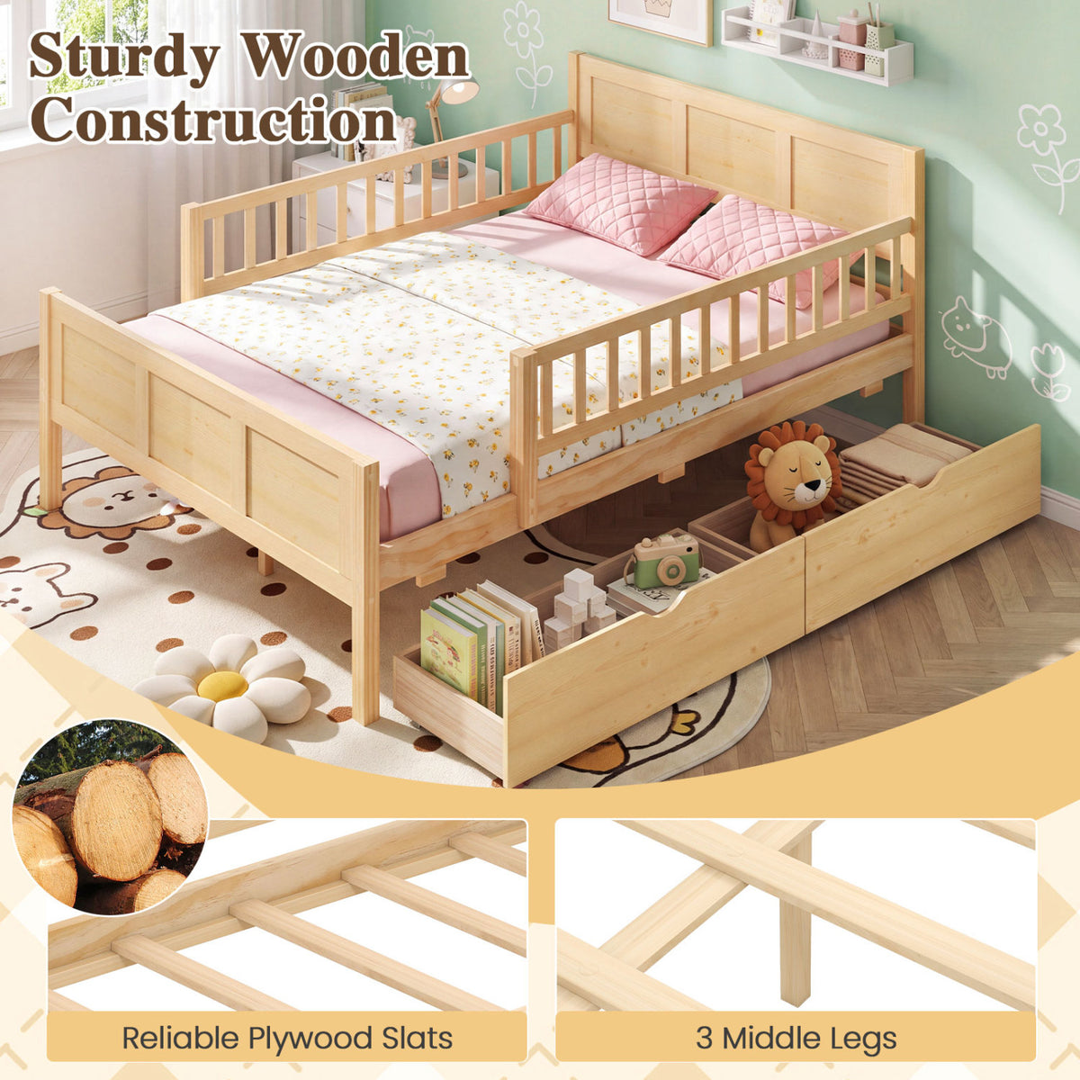 Full/Twin Size Bed Frame with Storage Drawers Natural