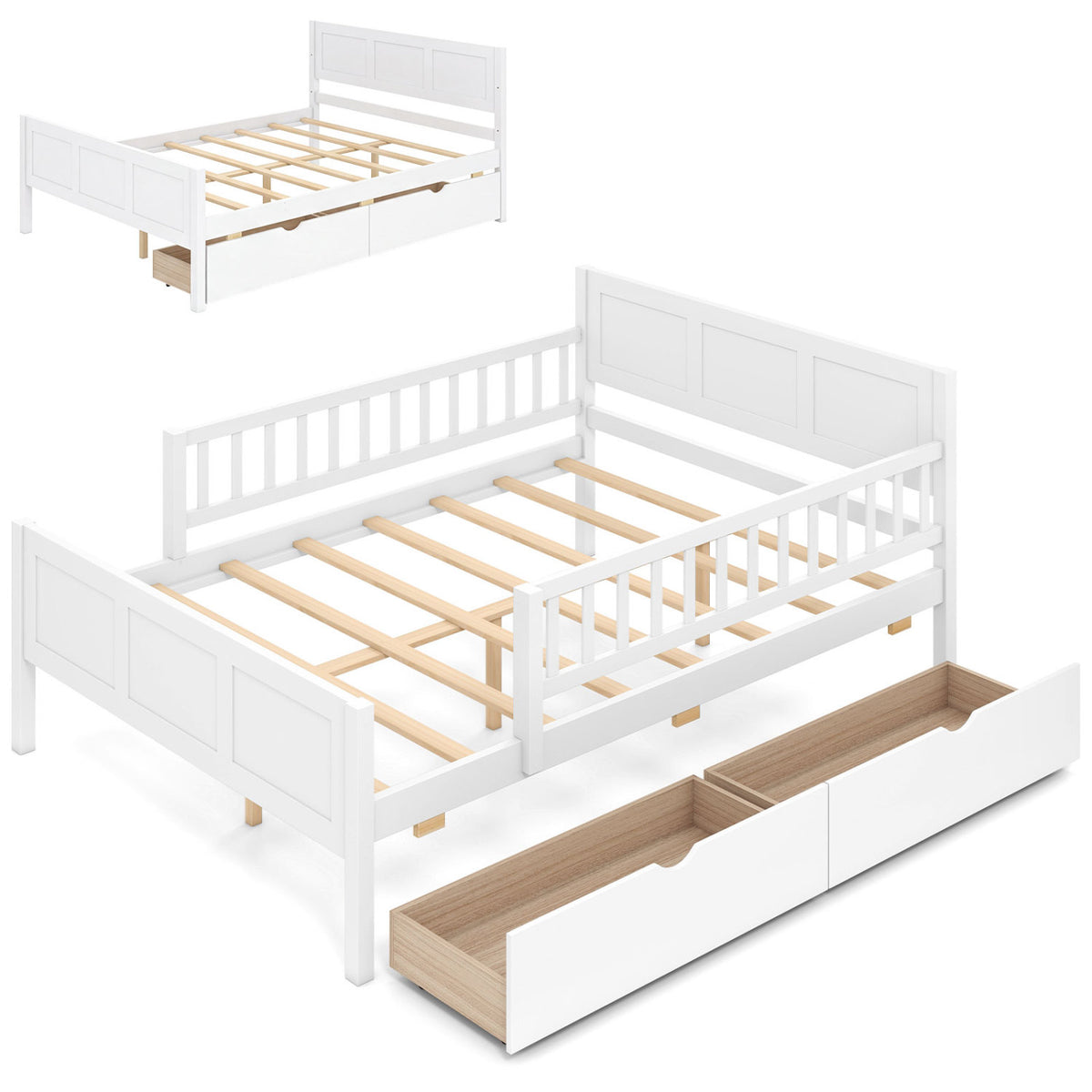 Full/Twin Size Bed Frame with Detachable Guardrails White