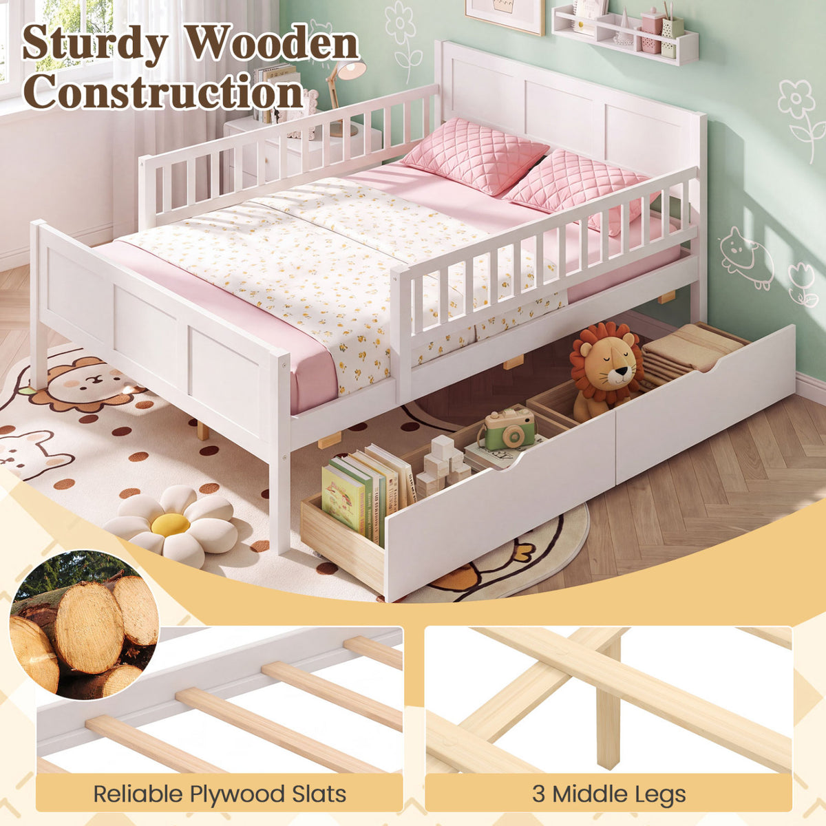 Full/Twin Size Bed Frame with Detachable Guardrails White