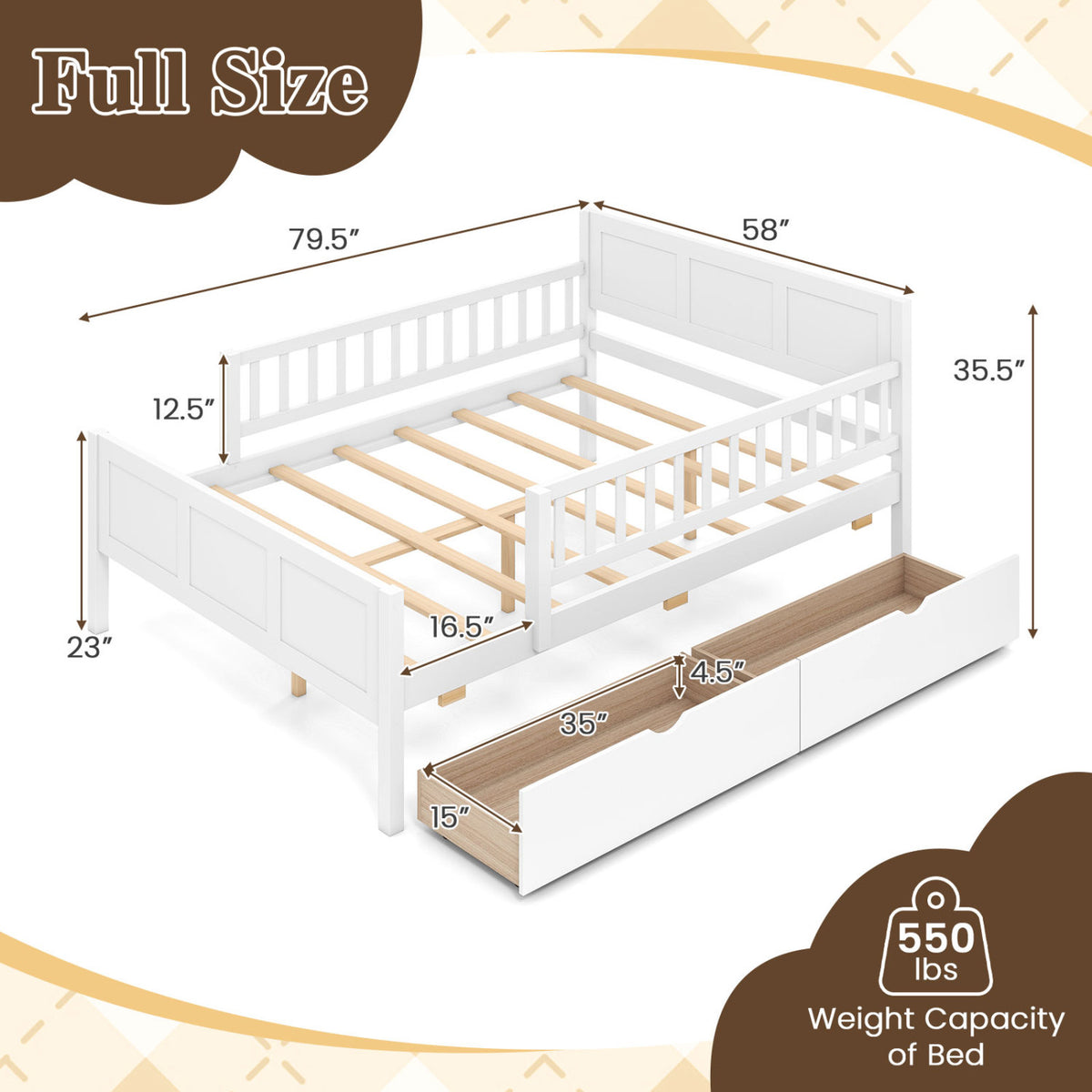 Full/Twin Size Bed Frame with Detachable Guardrails White