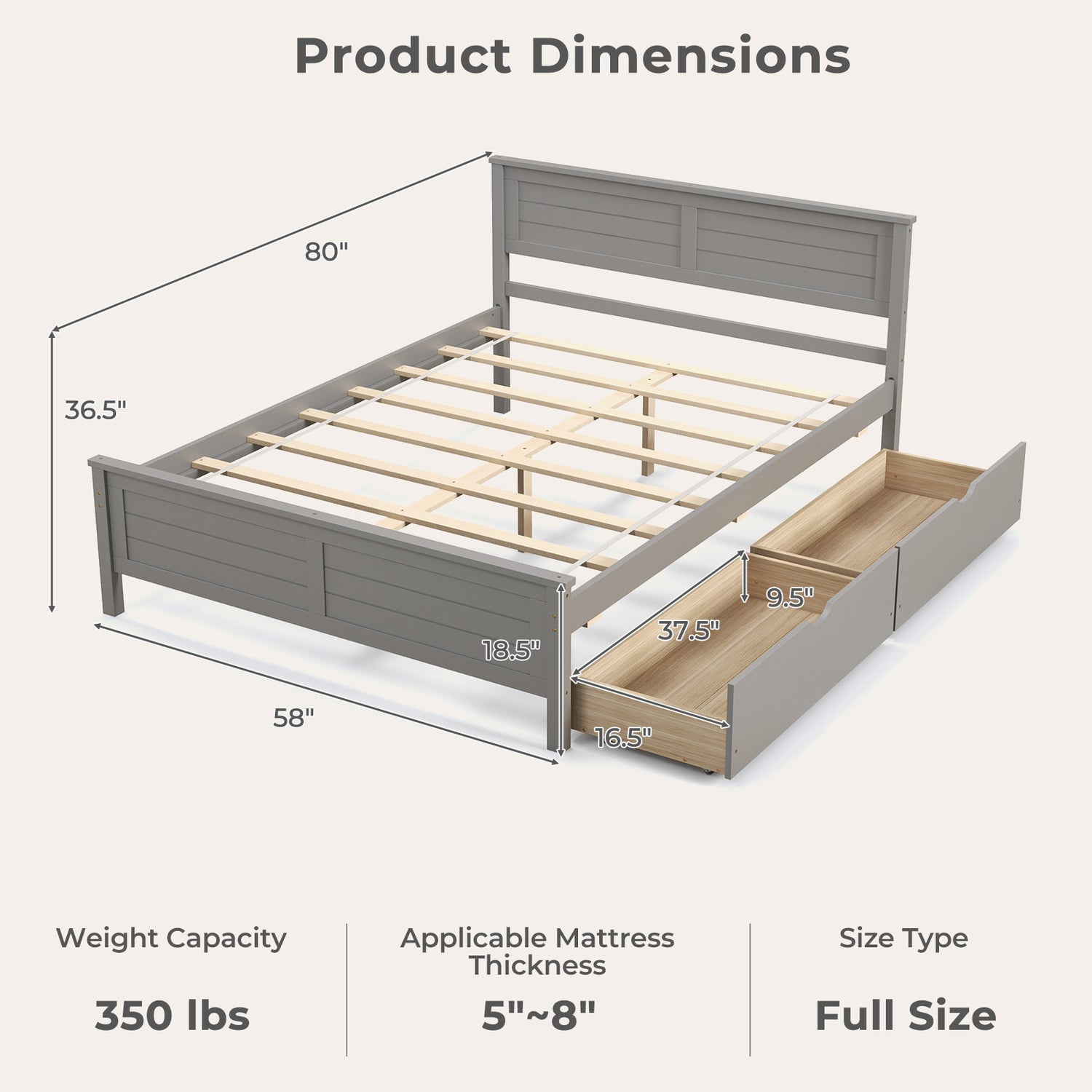 Full Size Bed Frame with Storage Drawers and Solid Wood Headboard