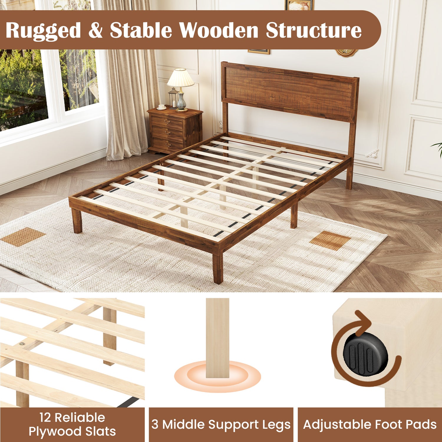 Twin/Full/Queen Size Bed Frame with Headboard and Wooden Slats Support