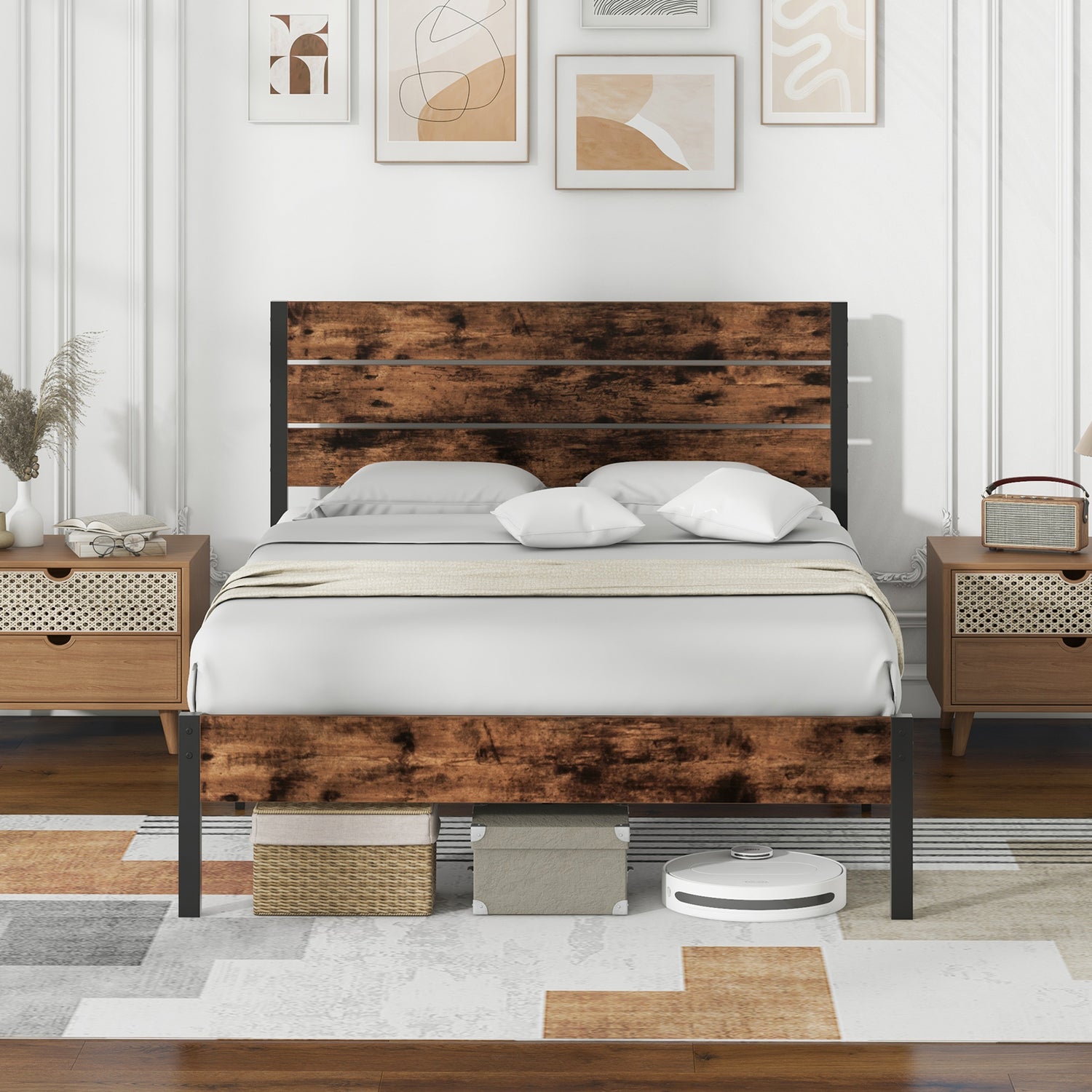 Full/King/Queen/Twin Size Bed Frame with High Headboard and Mute Bar