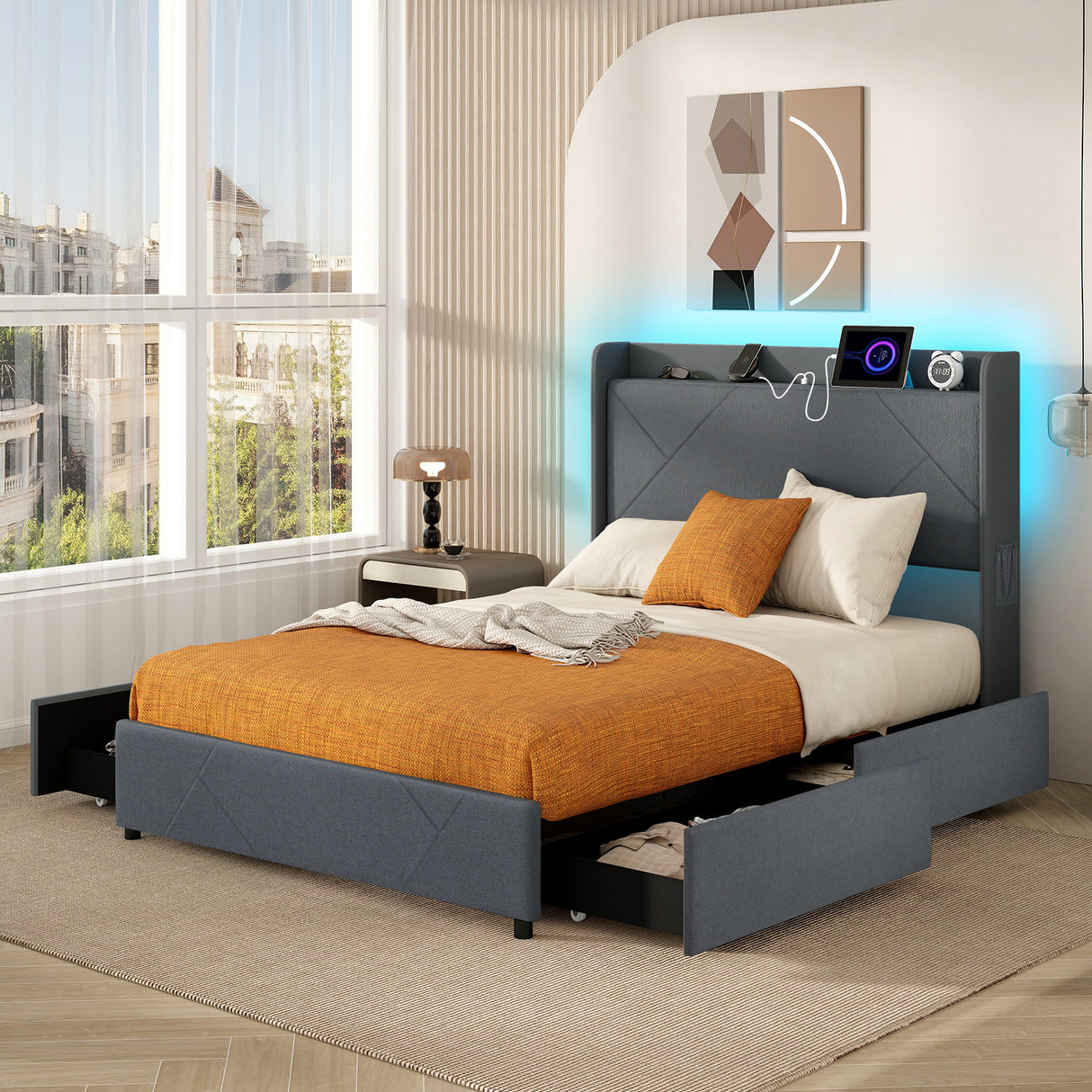 Full/Queen Size Bed Frame with LED Lights and Charging Station