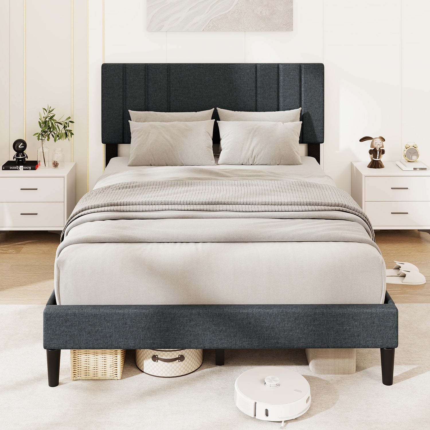 Full/Queen/Twin Size Bed Frame with Vertical Channel Tufted Headboard and Wooden Slats