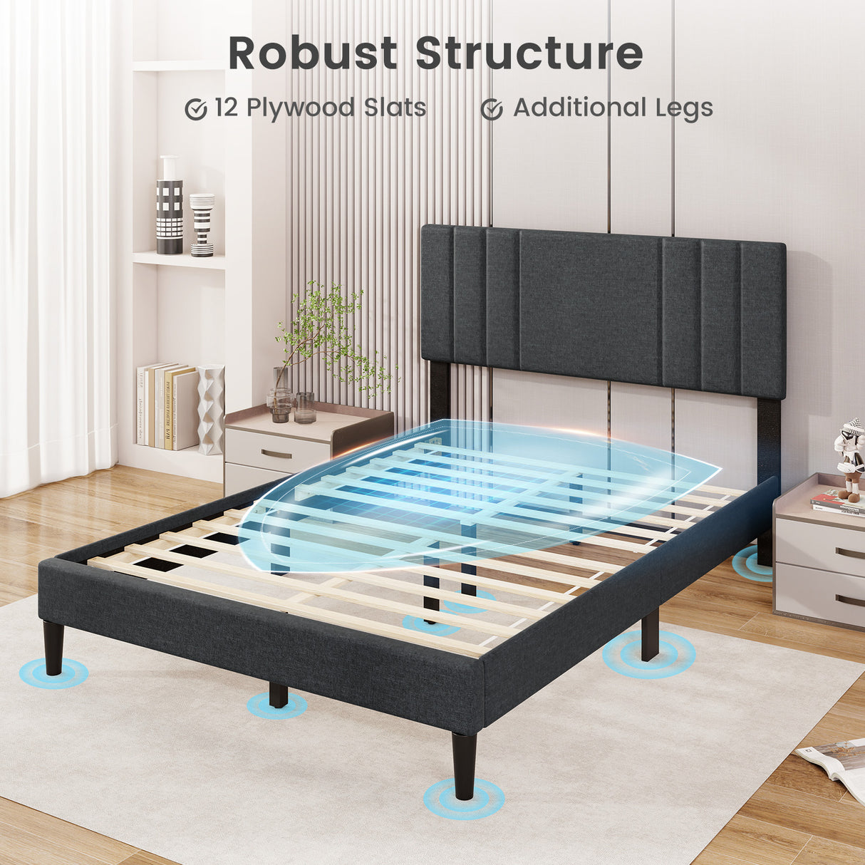 Full/Queen/Twin Size Bed Frame with Vertical Channel Tufted Headboard and Wooden Slats