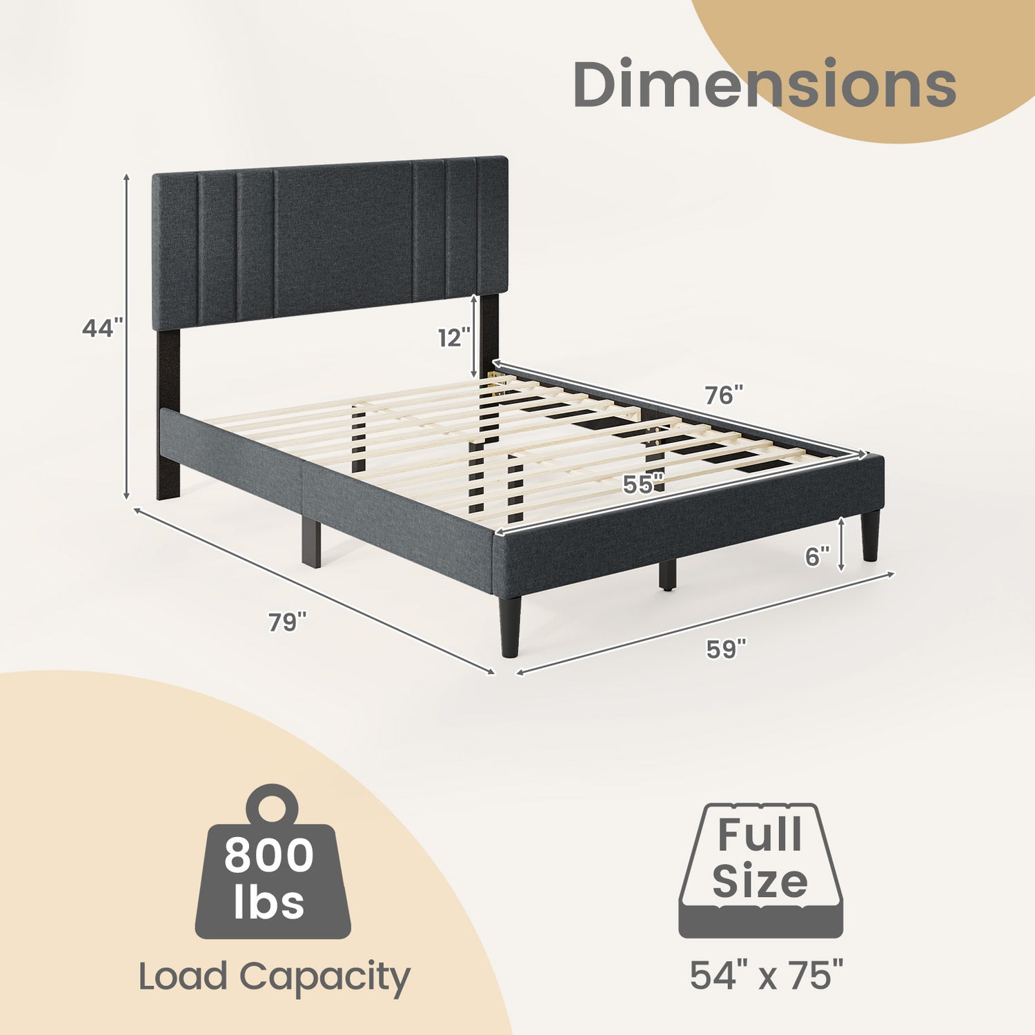 Full/Queen/Twin Size Bed Frame with Vertical Channel Tufted Headboard and Wooden Slats