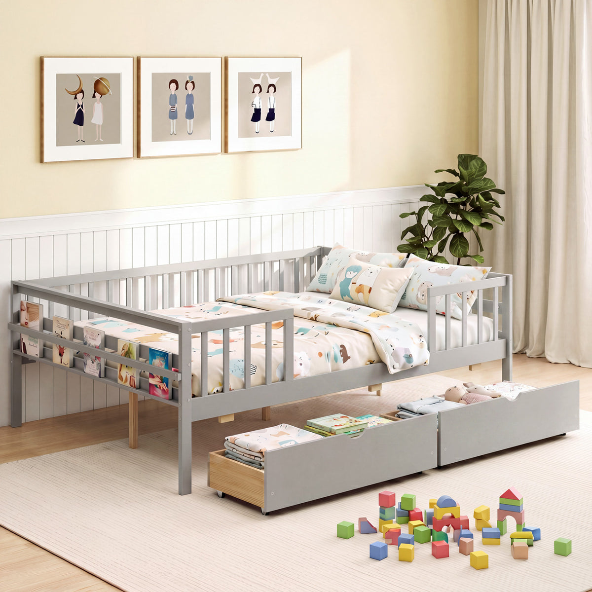 Full Size Daybed with Fence and 2 Drawers for Boys and Girls