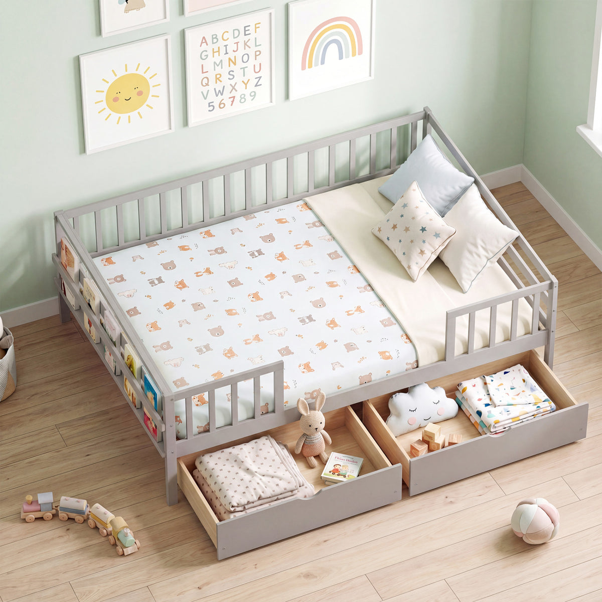 Full Size Daybed with Fence and 2 Drawers for Boys and Girls