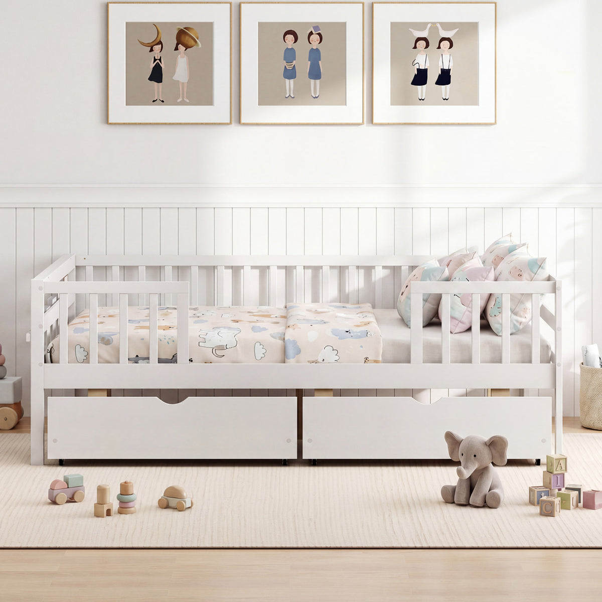 Full Size Daybed with Fence and 2 Drawers for Boys and Girls