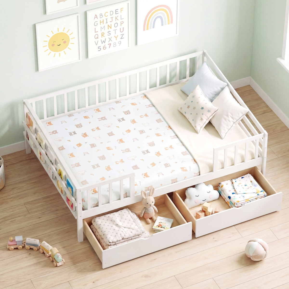 Full Size Daybed with Fence and 2 Drawers for Boys and Girls