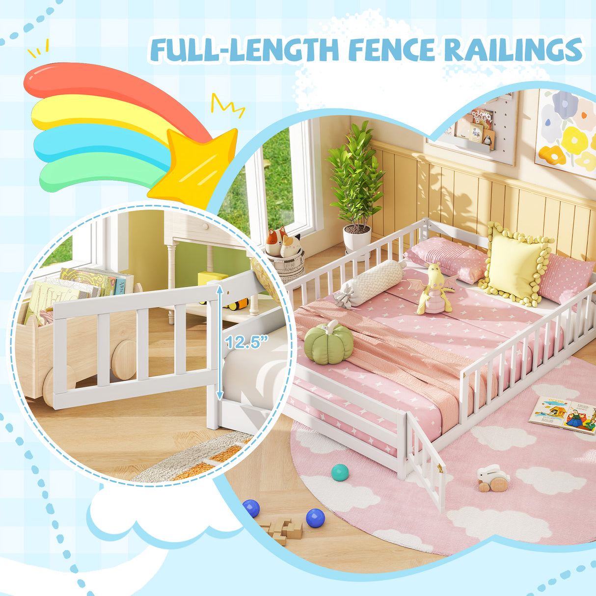 Full Size Floor Bed with Full Length Safety Guardrails