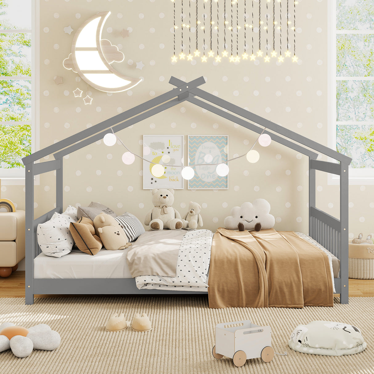 Full Size House Bed Montessori Floor Bed with Headboard