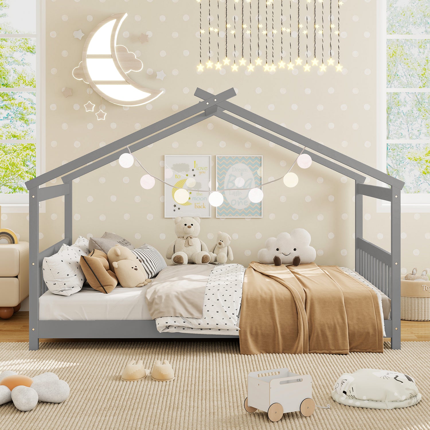 Full Size House Bed Montessori Floor Bed with Headboard