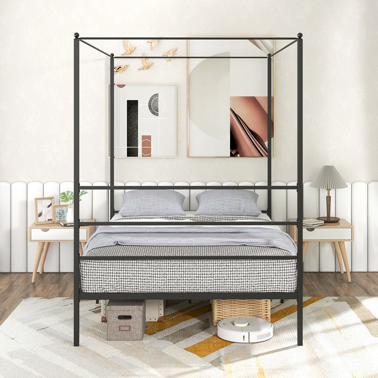 Twin/Full/Queen Size Metal Canopy Bed Frame with Slat Support