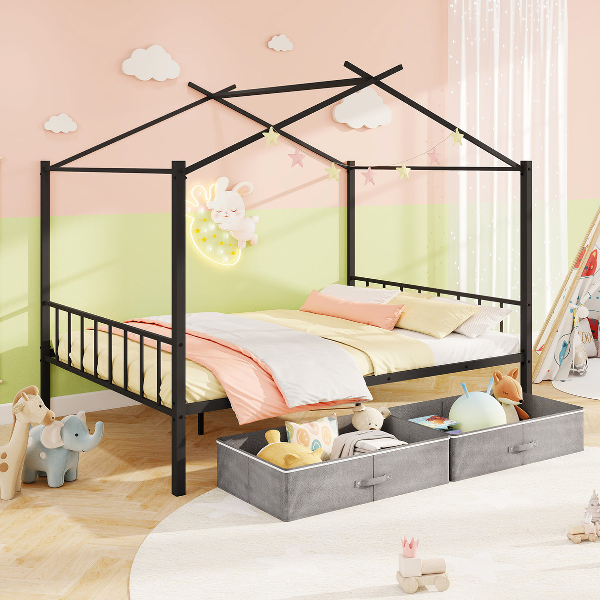 Full Size Metal House Bed with 2 Fabric Drawers for Kids