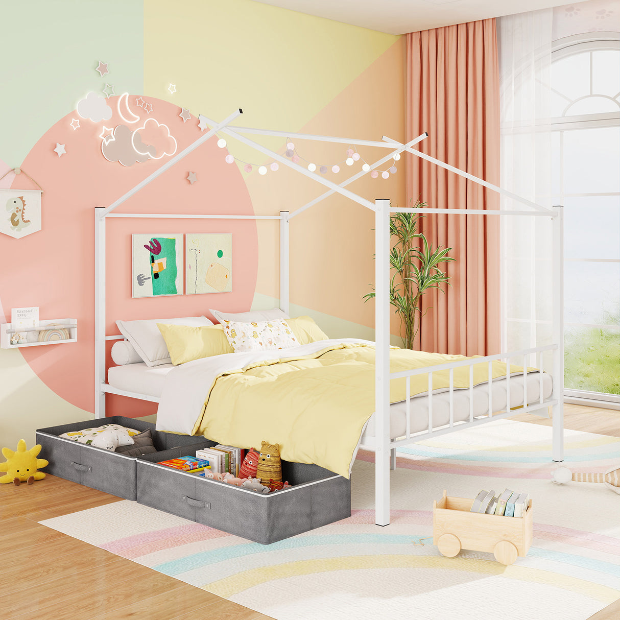 Full Size Metal House Bed with 2 Fabric Drawers for Kids
