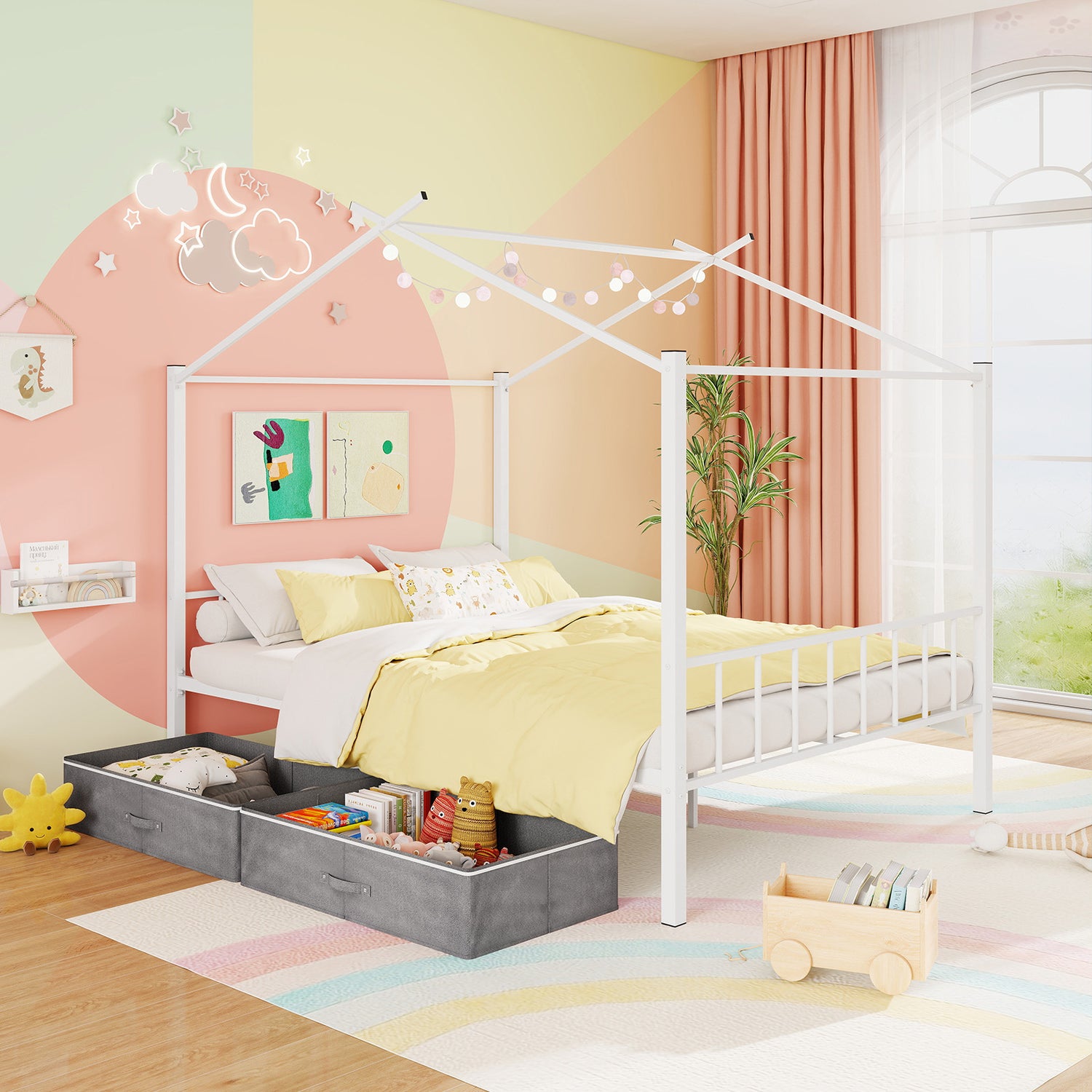Full Size Metal House Bed with 2 Fabric Drawers for Kids