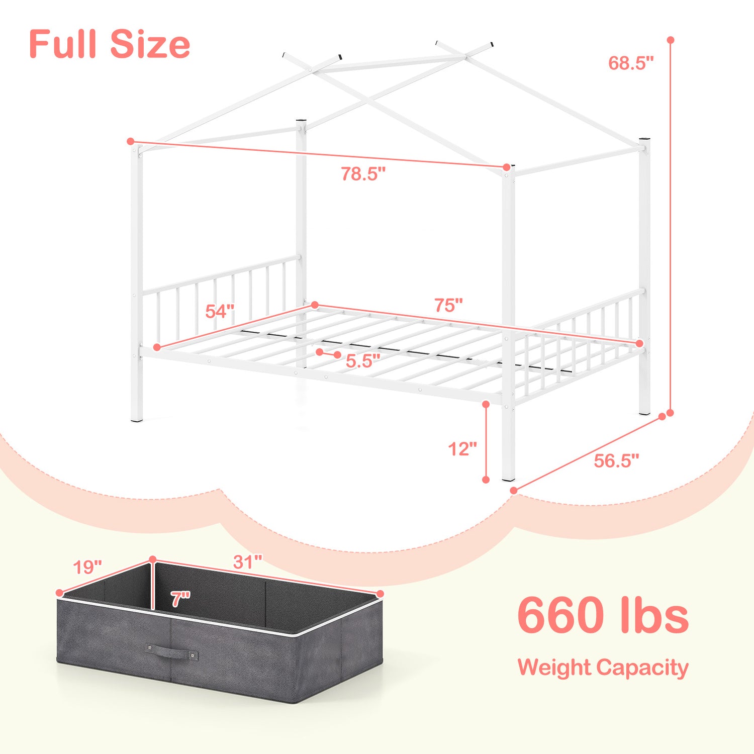 Full Size Metal House Bed with 2 Fabric Drawers for Kids
