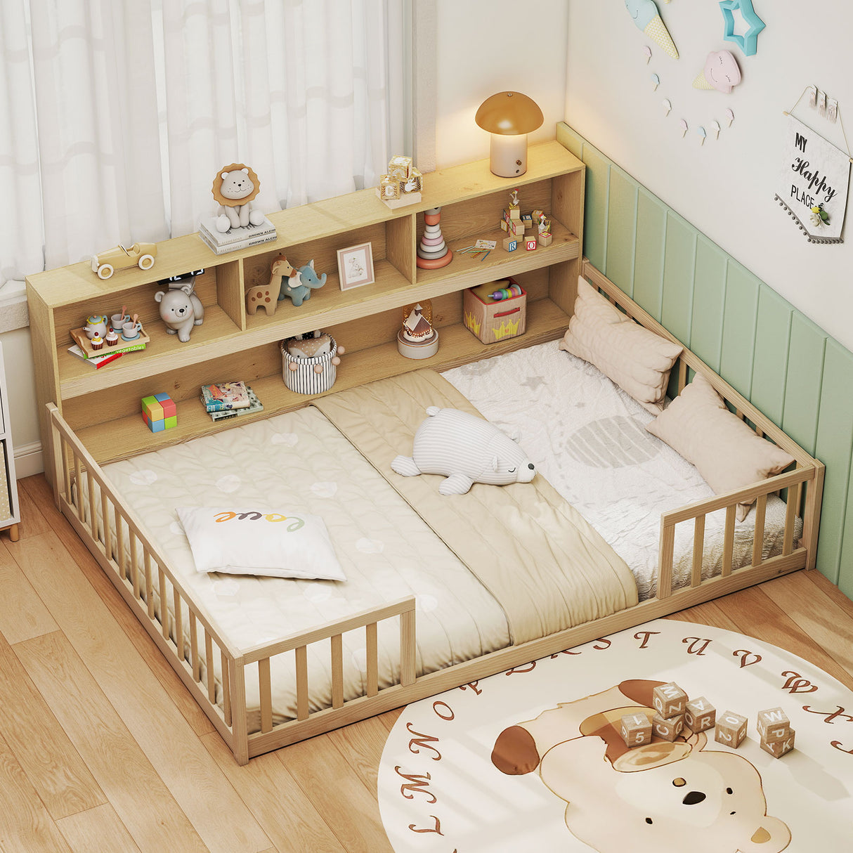 Full Size Montessori Floor Bed with Bookcase