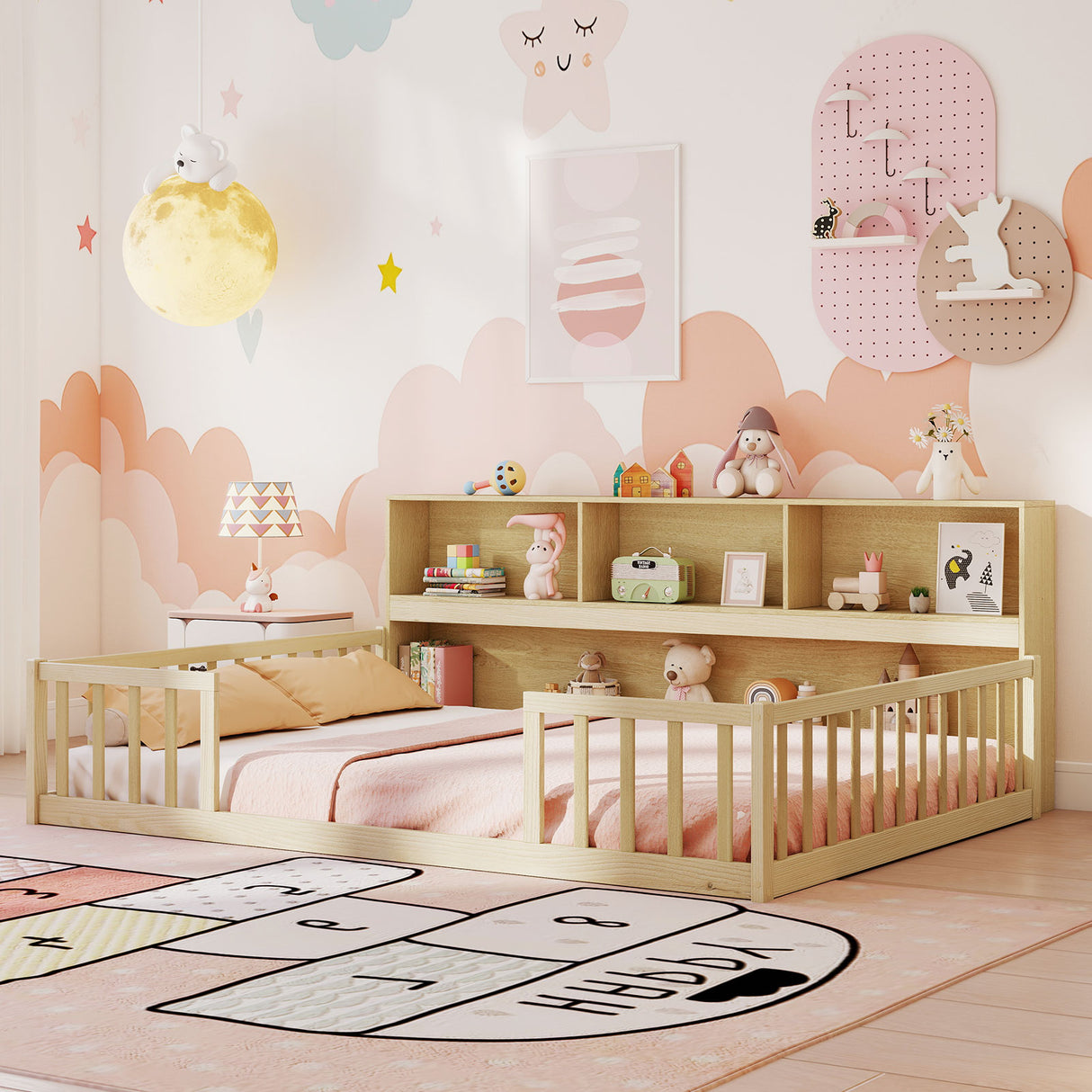 Full Size Montessori Floor Bed with Bookcase