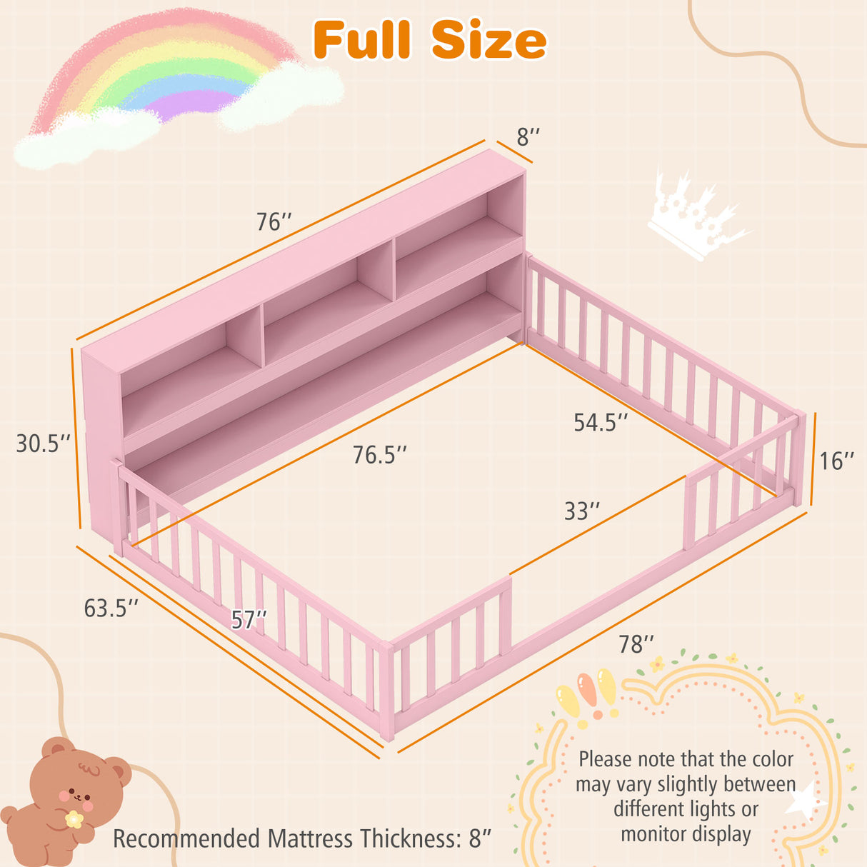 Full Size Montessori Floor Bed with Bookcase