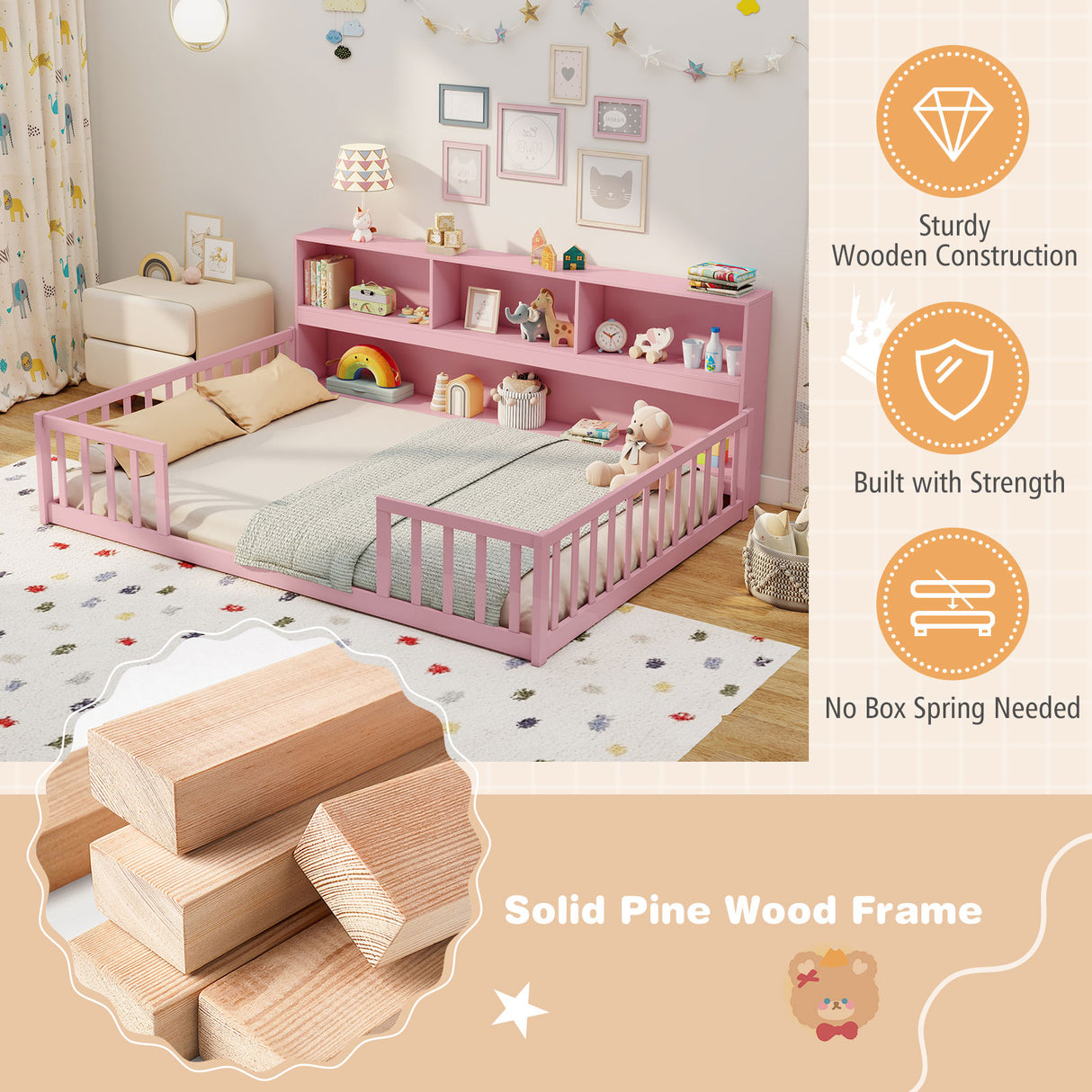 Full Size Montessori Floor Bed with Bookcase
