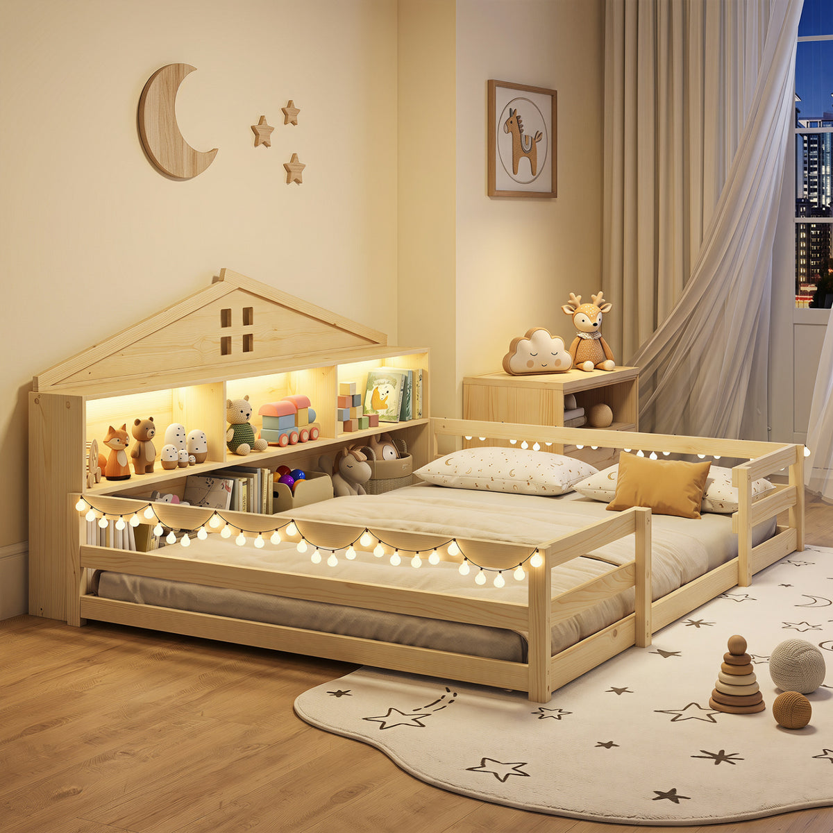 Full Size Montessori Floor Bed with Storage Compartments and Shelf