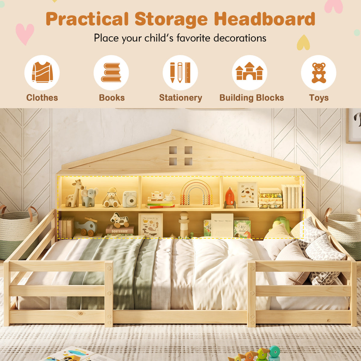 Full Size Montessori Floor Bed with Storage Compartments and Shelf