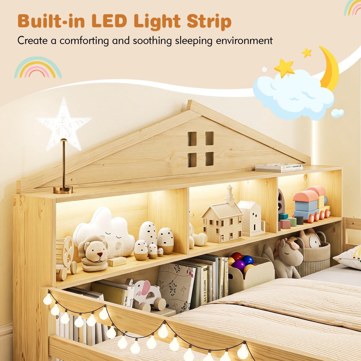 Full Size Montessori Floor Bed with Storage Compartments and Shelf