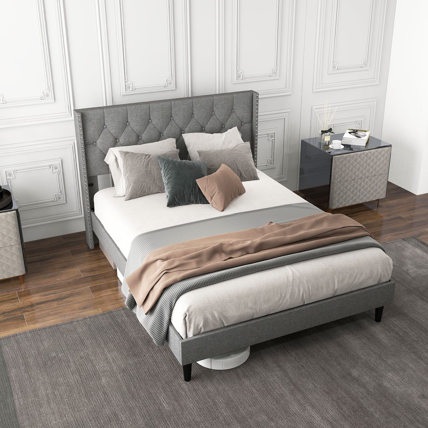 Full/Queen Size Upholstered Platform Bed with Button Tufted Headboard