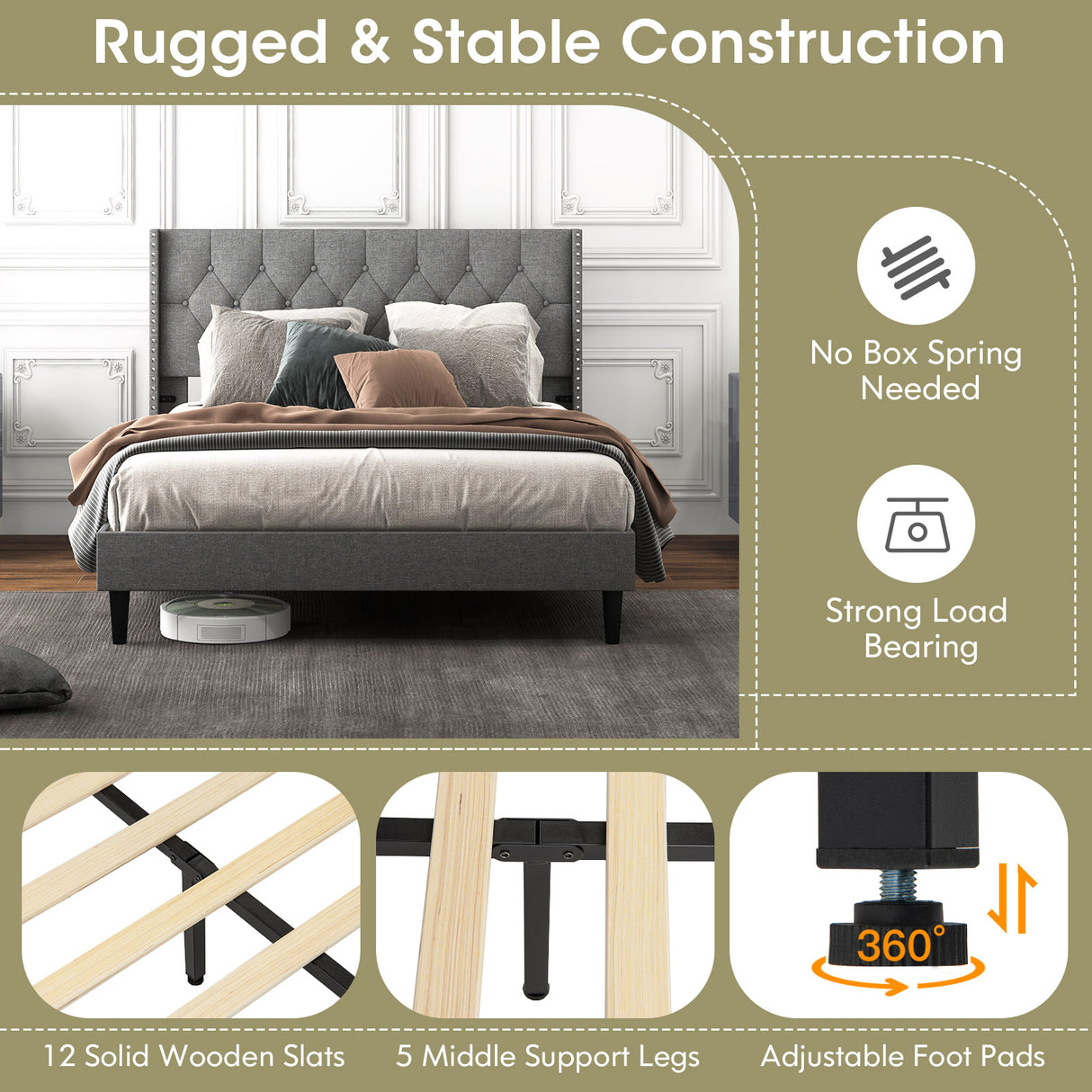 Full/Queen Size Upholstered Platform Bed with Button Tufted Headboard