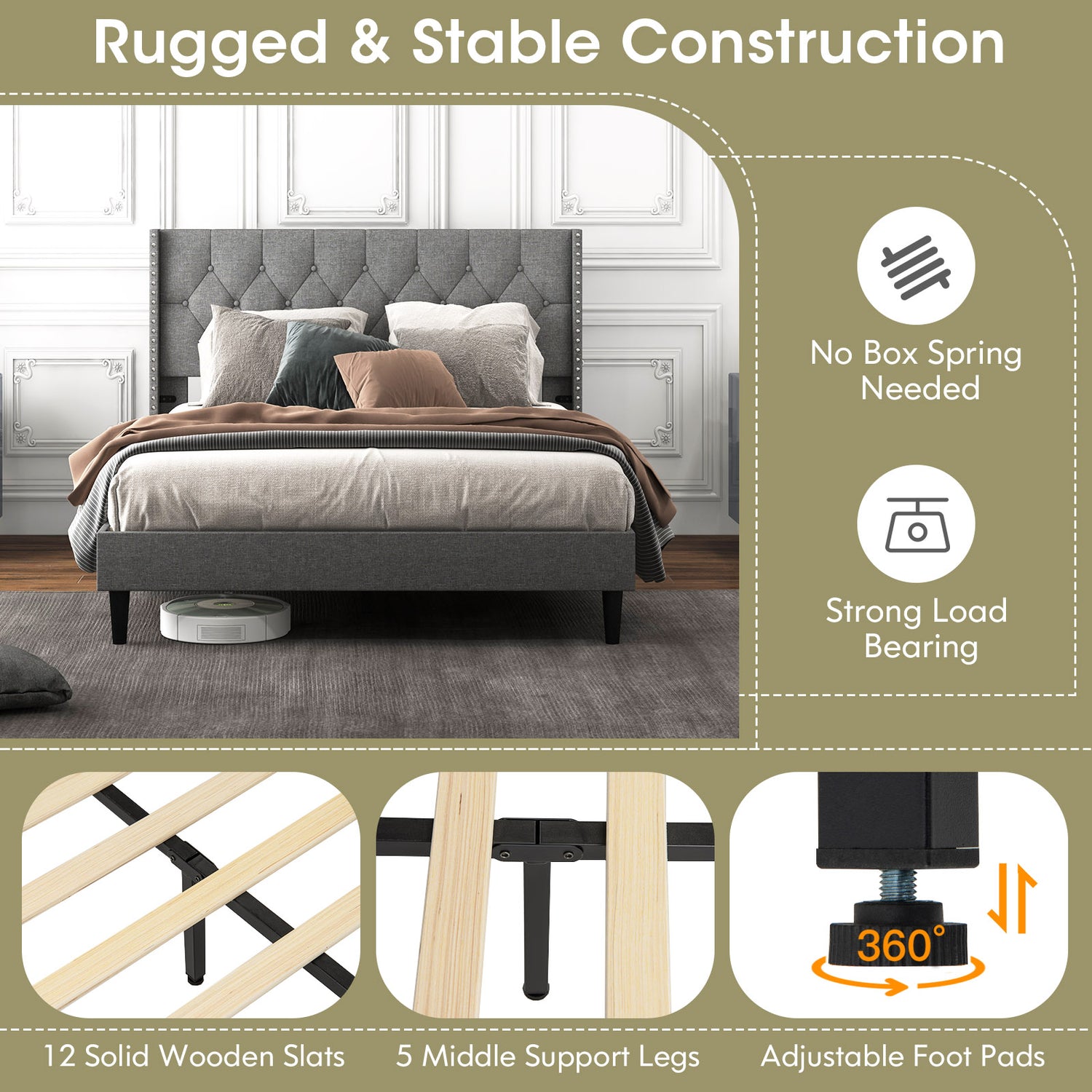 Full/Queen Size Upholstered Platform Bed with Button Tufted Headboard