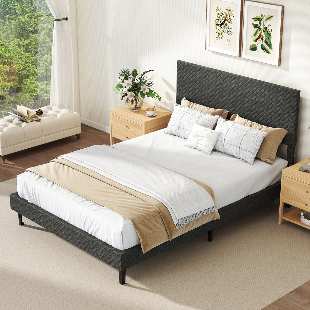 Full Size Velvet Bed Frame Upholstered Platform Bed with Chevron Headboard Gray