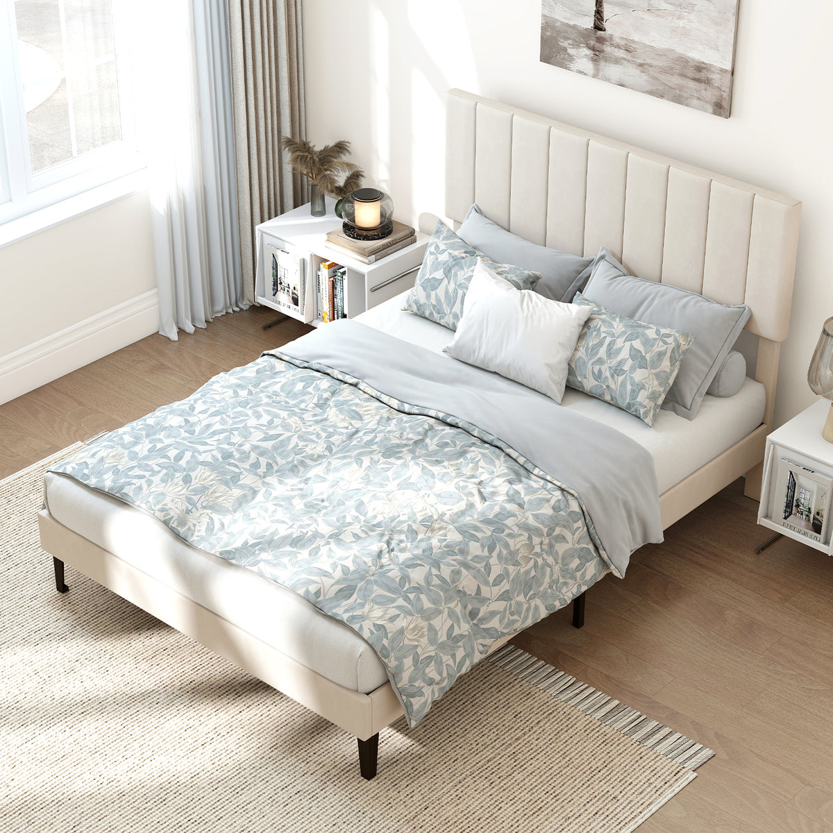 Queen Size Velvet Upholstered Platform Bed Frame