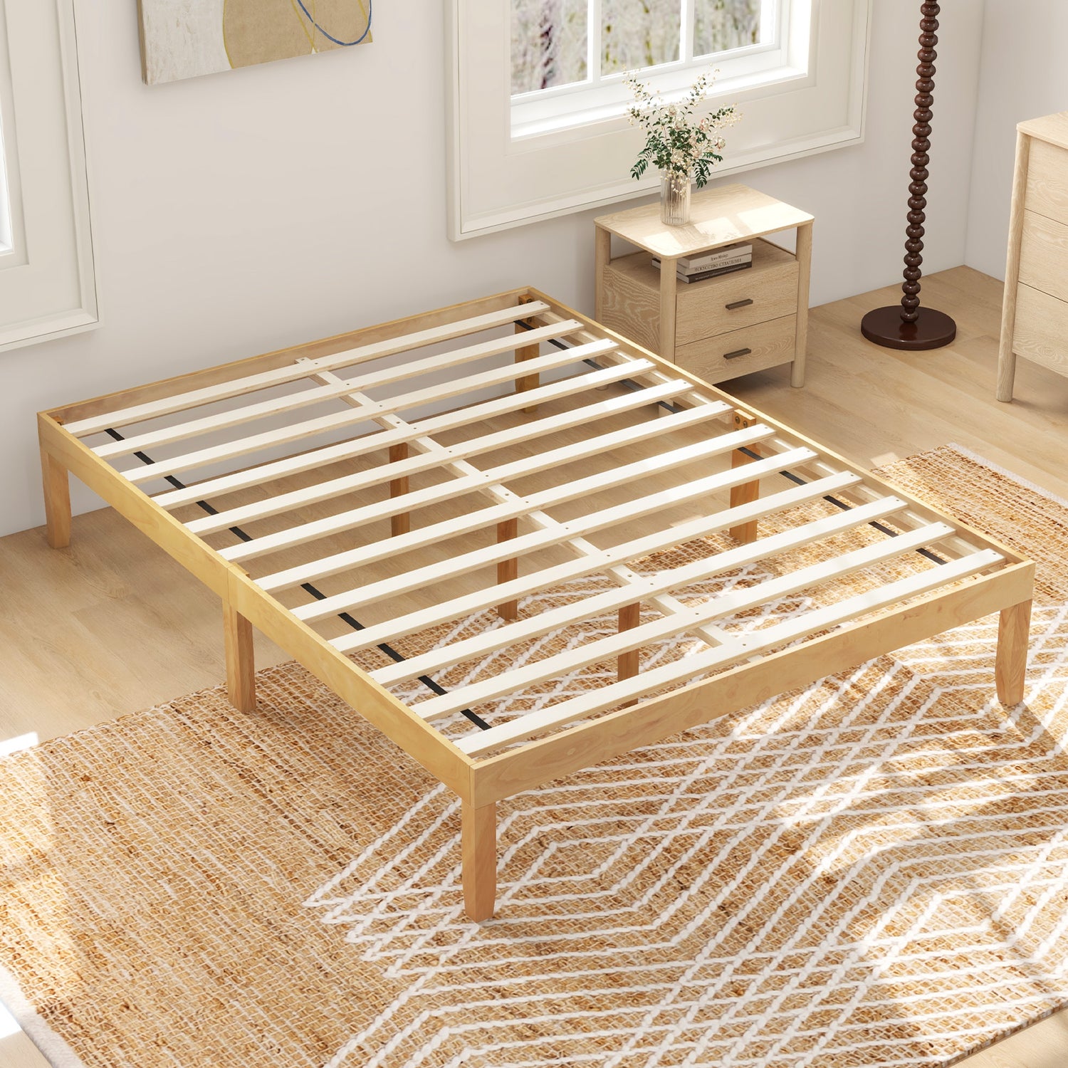 Full Size Wood Bed Frame with Wooden Slats Support and Rubber Wood Legs