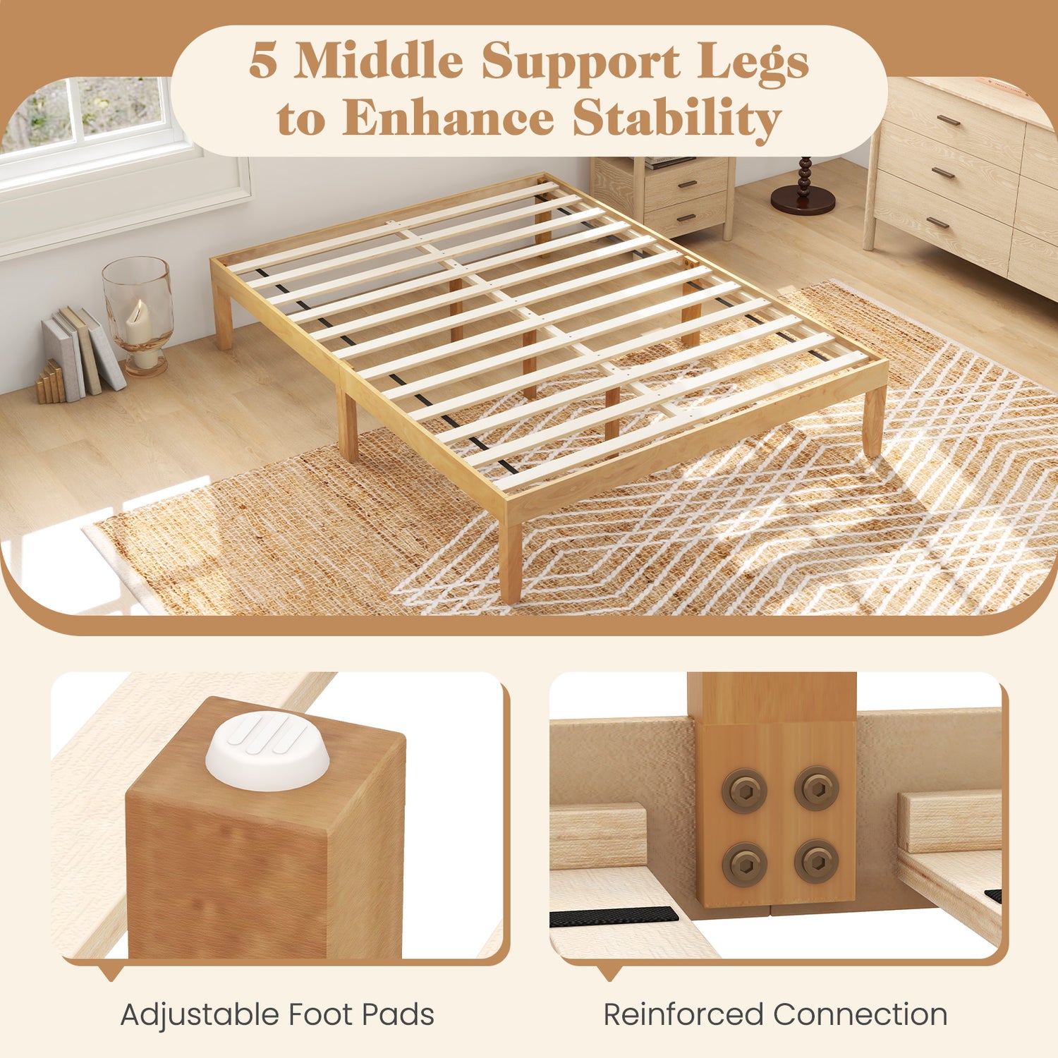 Full Size Wood Bed Frame with Wooden Slats Support and Rubber Wood Legs