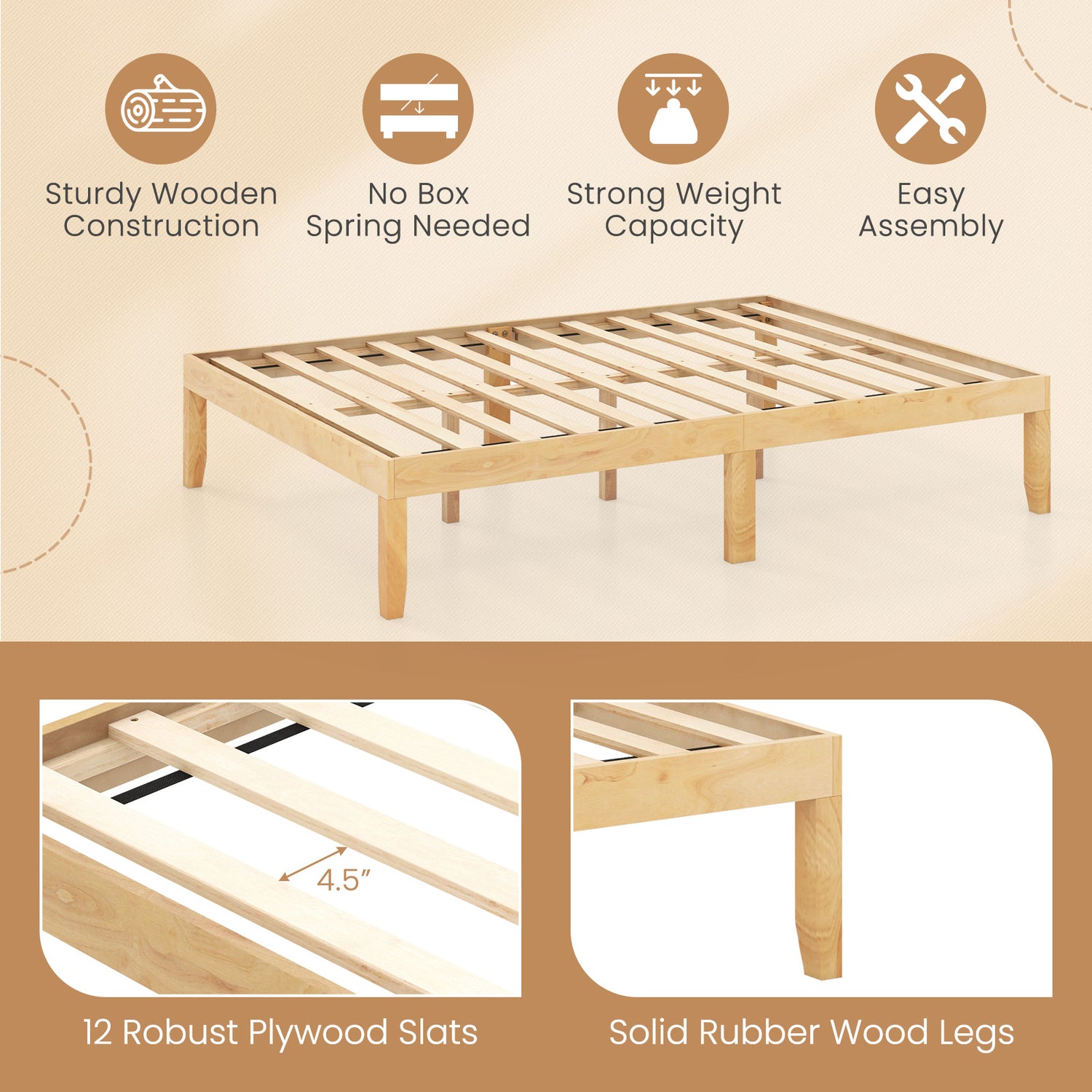 Full Size Wood Bed Frame with Wooden Slats Support and Rubber Wood Legs