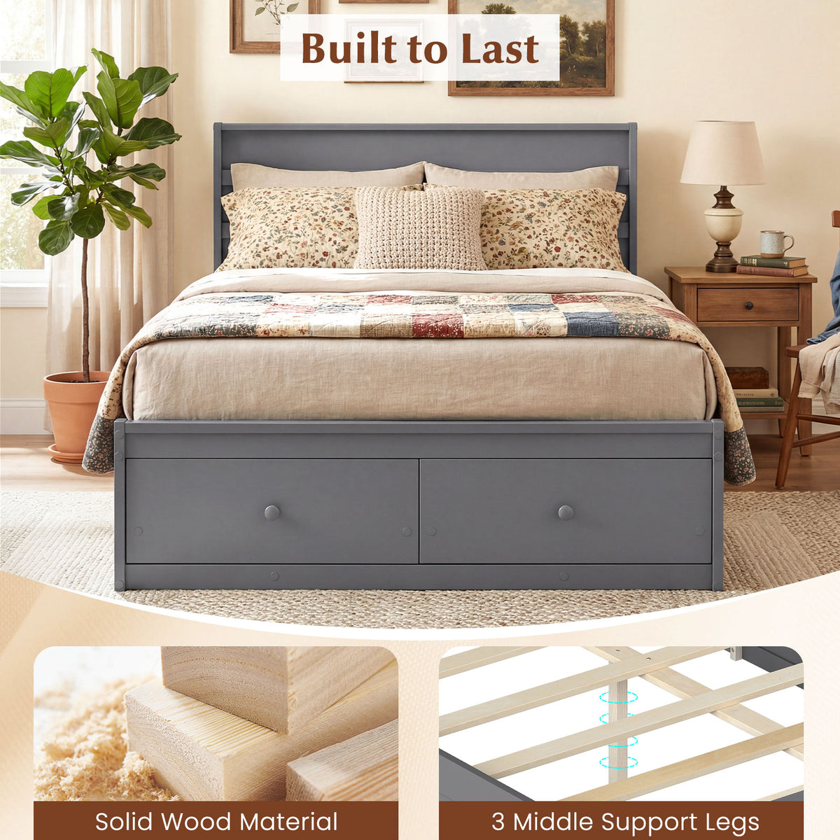 Full Size Wooden Platform Bed Frame with Storage Drawers