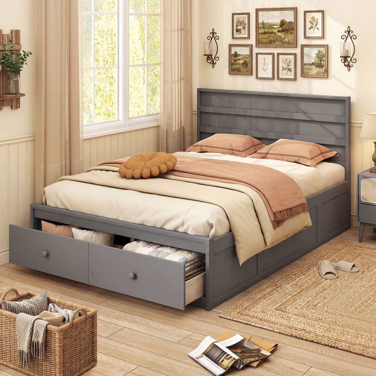 Full Size Wooden Platform Bed Frame with Storage Drawers