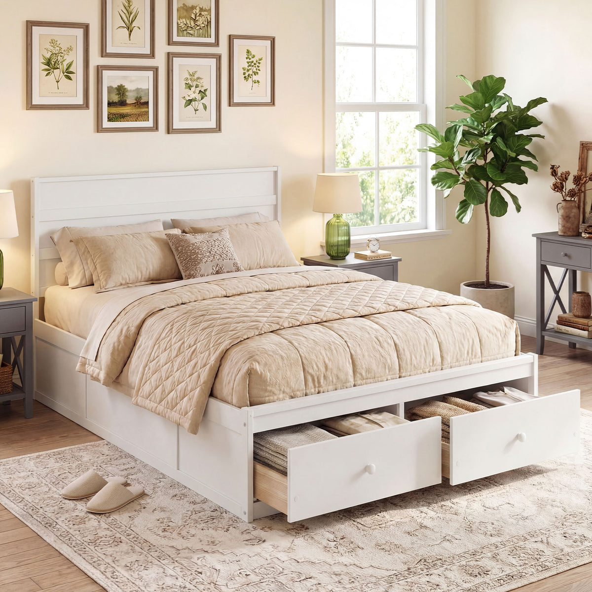 Full Size Wooden Platform Bed Frame with Storage Drawers