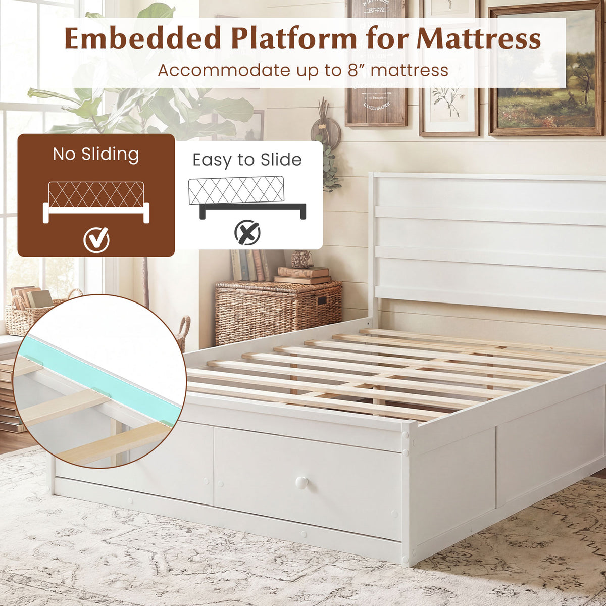 Full Size Wooden Platform Bed Frame with Storage Drawers