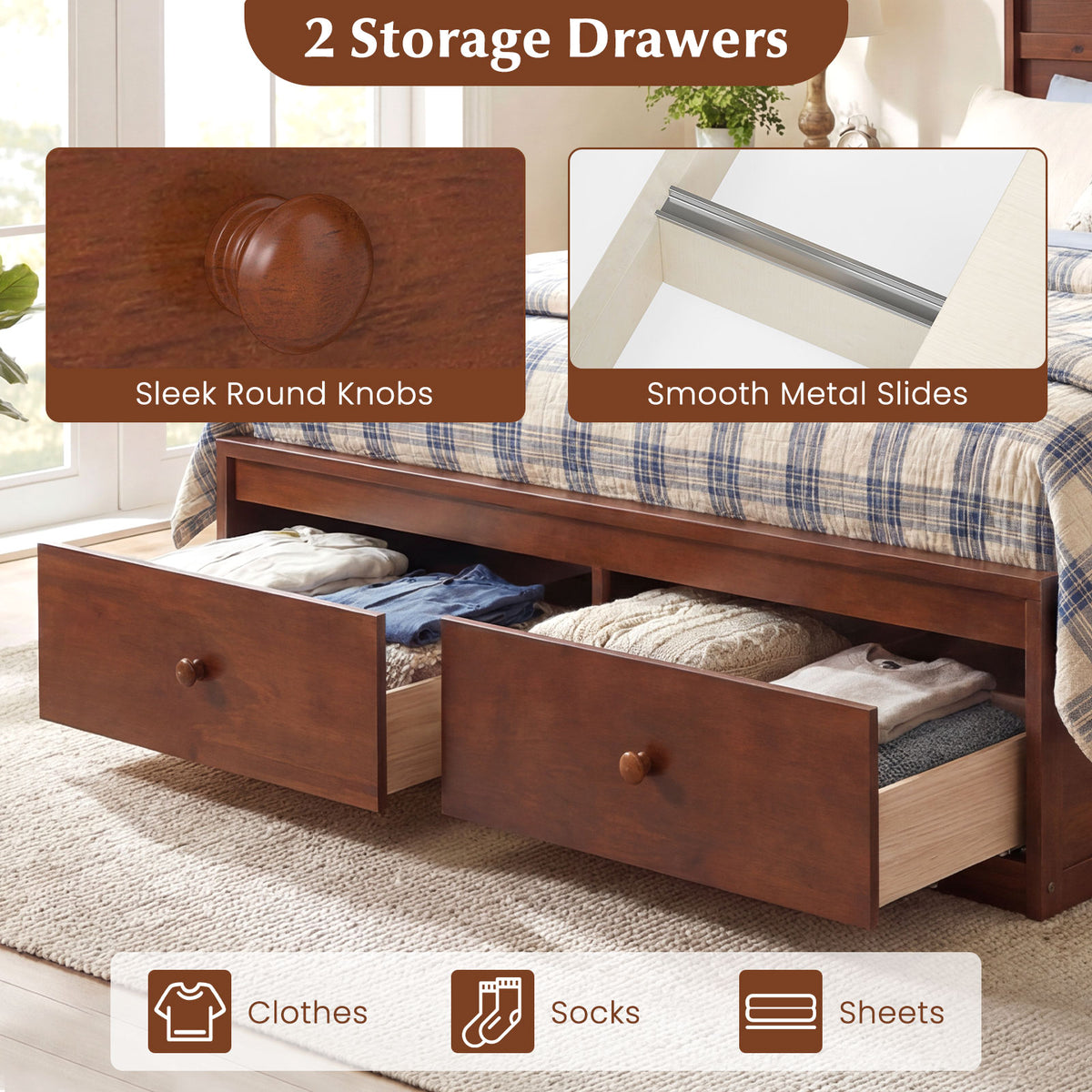 Full Size Wooden Platform Bed Frame with Storage Drawers
