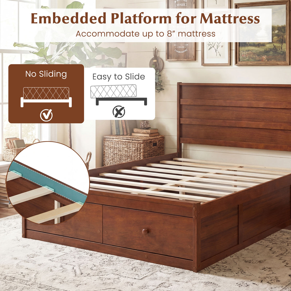 Full Size Wooden Platform Bed Frame with Storage Drawers