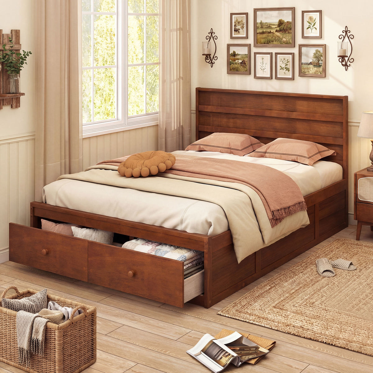 Full Size Wooden Platform Bed Frame with Storage Drawers