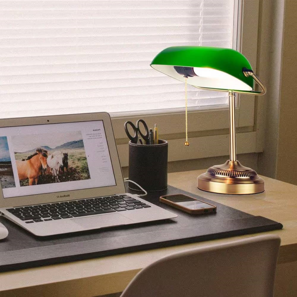 Classic Brass Bankers Lamp Desk Light Table Lamp with Green Glass Shade